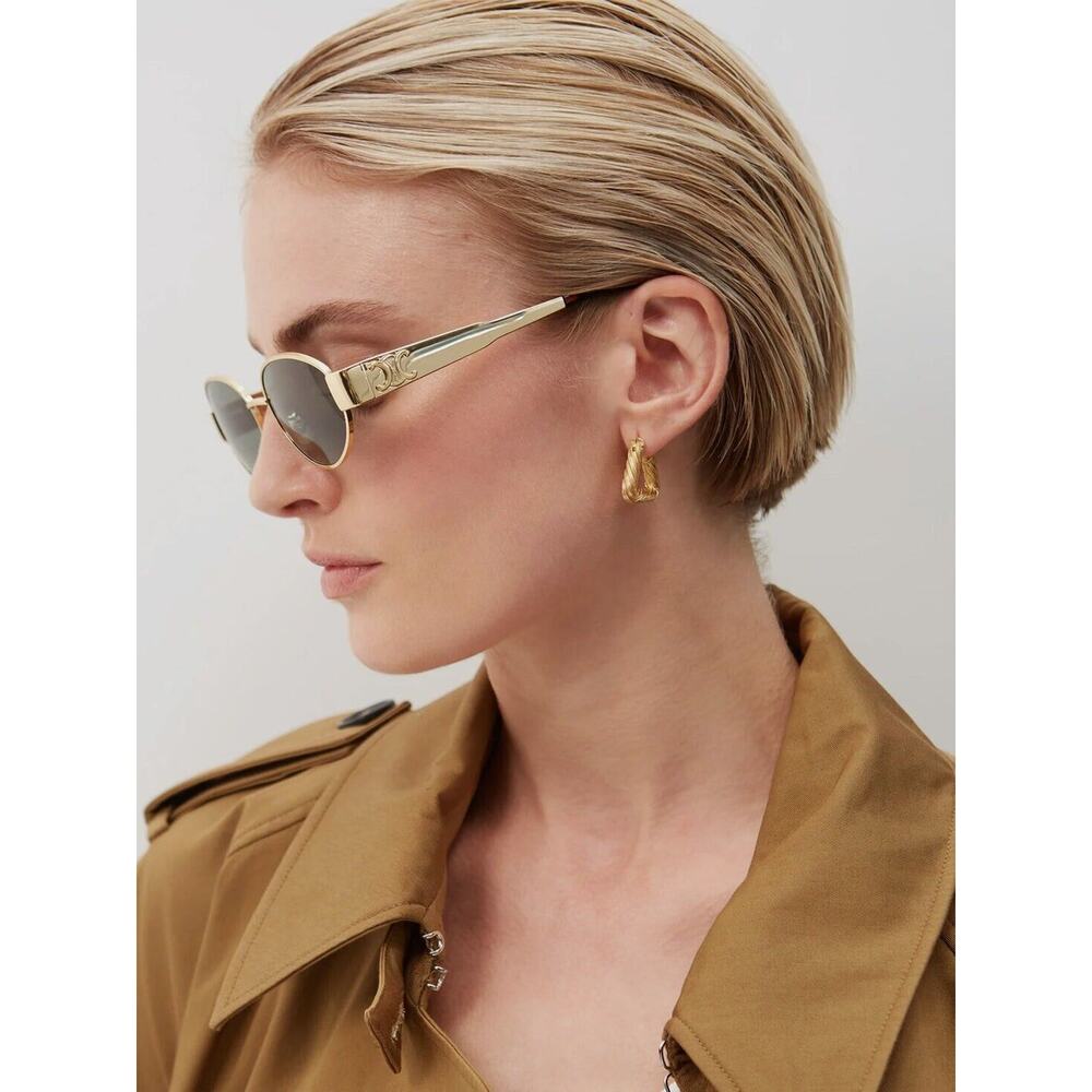 Celine CL40235U 30N Triomphe Metal Oval Sunglasses Gold Green Lens AUTHENTIC - Picture 6 of 7